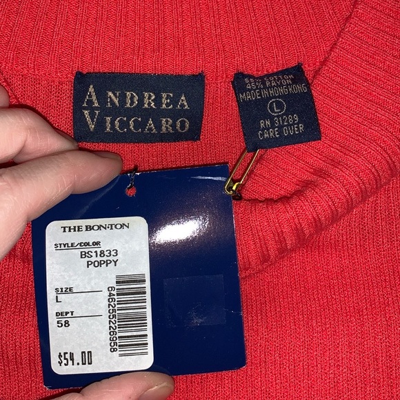 Vintage 90’s Andrea Viccaro Ribbed-Knit Mock Neck Short Sleeve Poppy Sweater Top - Picture 7 of 16